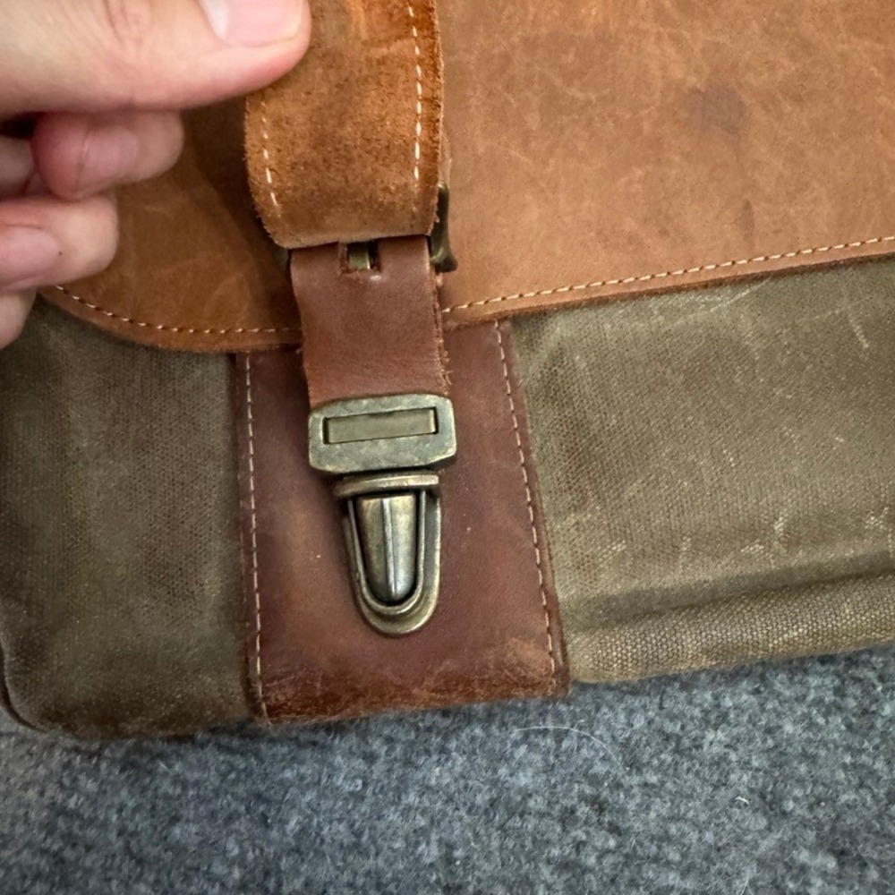 LL Bean Vintage Waxed Canvas Leather Briefcase Laptop Bag Olive Brown Satchel - Picture 12 of 16